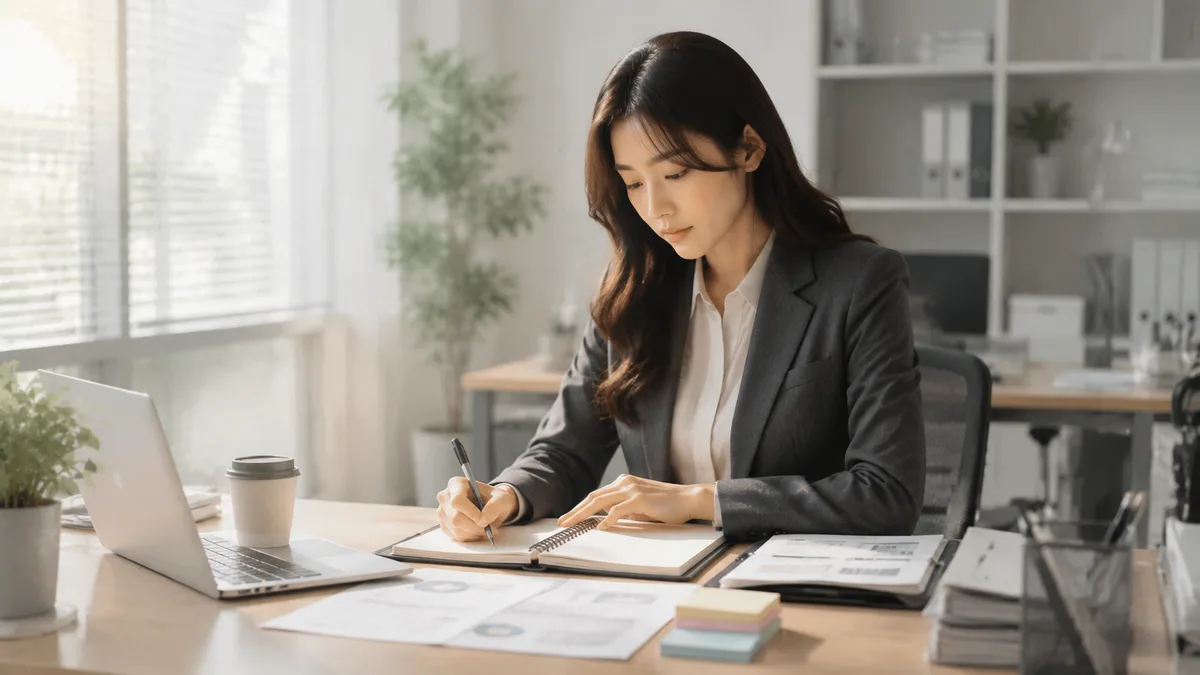 職場で女性社員が業務メモや資料を整理し、パソコンを確認しながら口だけ上司に振り回されないための対応方法を考えている様子。