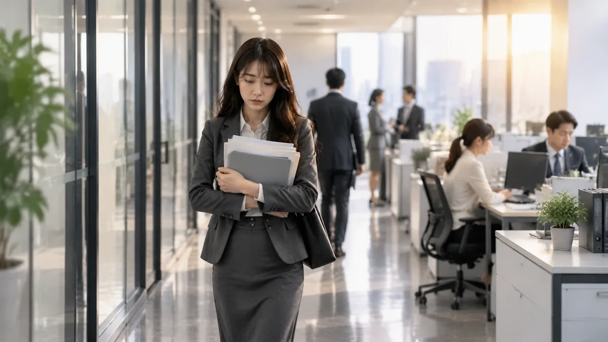 多くの仕事を抱えた女性社員が職場の通路を歩き、負担の偏りや評価されにくい状況について考えている様子。