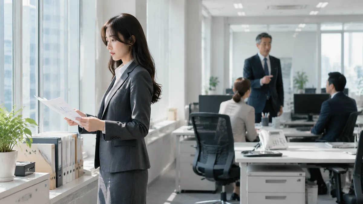 職場で指示を出す上司の様子を見ながら、女性社員が資料を確認し、発言と行動の違いを冷静に判断している場面。