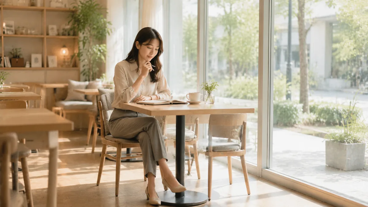仕事をしない口だけ上司に悩んだ女性社員が、カフェで手帳を確認しながら今後の働き方や選択肢について整理している様子。 