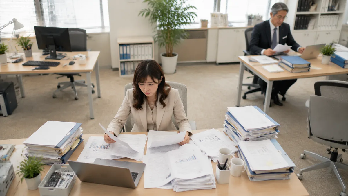 仕事ができない上司へのストレスで負担を抱え、資料整理に追われる社員の様子
