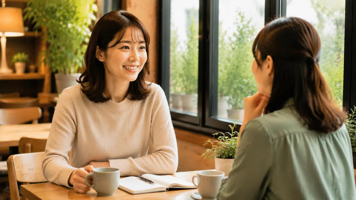 女性が相談相手とカフェで話しながら、職場の悩みや今後の働き方について整理している様子を表した画像。