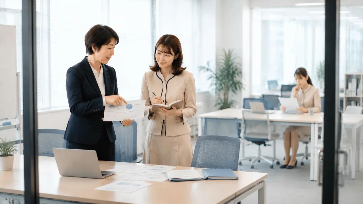 職場で新人女性社員が先輩社員から業務説明を受け、メモを取りながら理解している様子。必要なサポートがある状態と放置との違いを表した画像。
