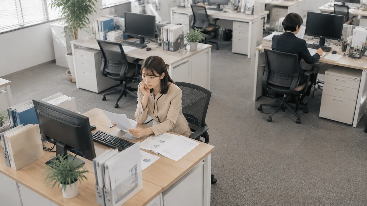 職場で新人女性社員が資料やパソコンを確認しながら悩んでいる様子。教育体制や情報共有が不足し、仕事を教えてもらえない状況を表した画像。