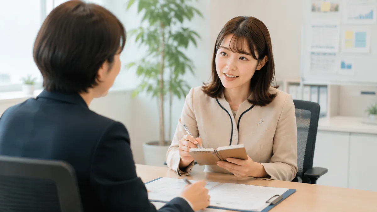 職場で新人女性社員がメモを取りながら先輩社員へ質問し、仕事を覚えるために自分から行動している様子を表した画像。