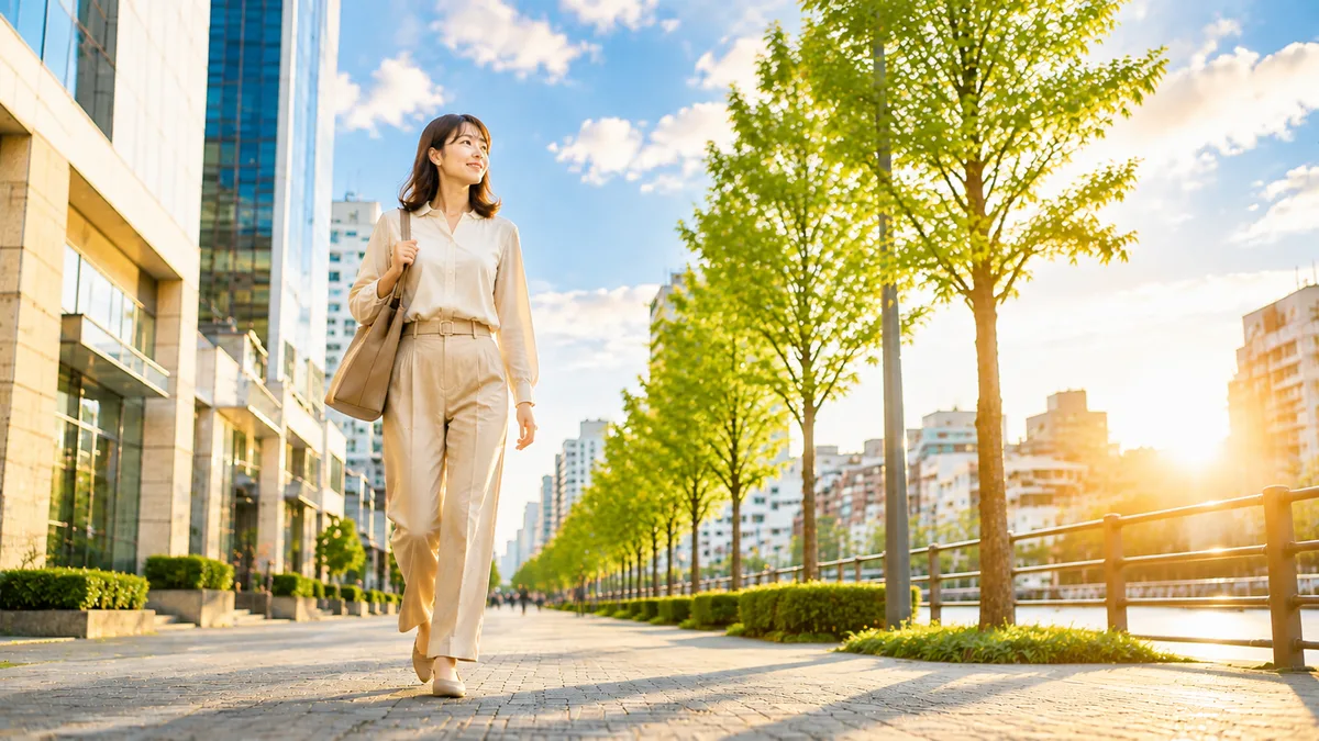 仕事の悩みを整理した女性が、明るい街並みの中を前向きに歩いている様子。自分に合った働き方を考える場面を表した画像。