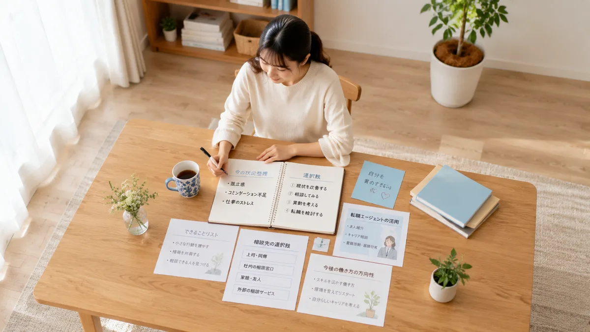 職場で孤立した女性が、自分を責めるだけではなく、今後の働き方や相談など複数の選択肢を整理している様子。