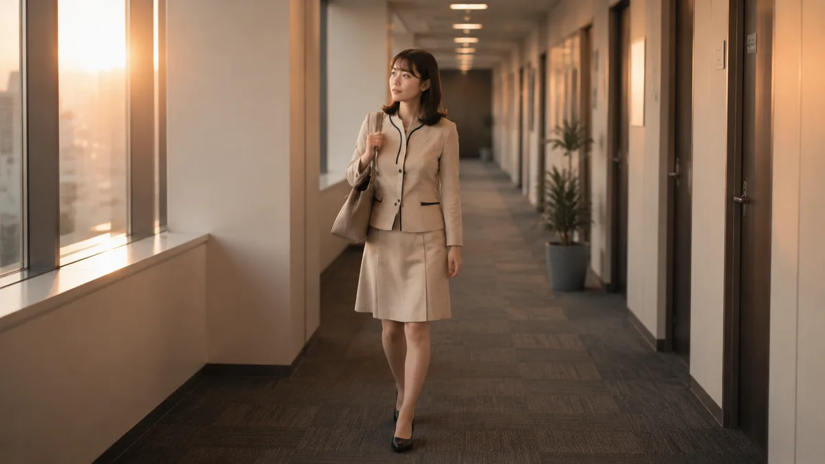仕事帰りの女性社員が職場の廊下を歩きながら、今後の働き方について考えている様子。現在の職場環境を見直す場面を表した画像。