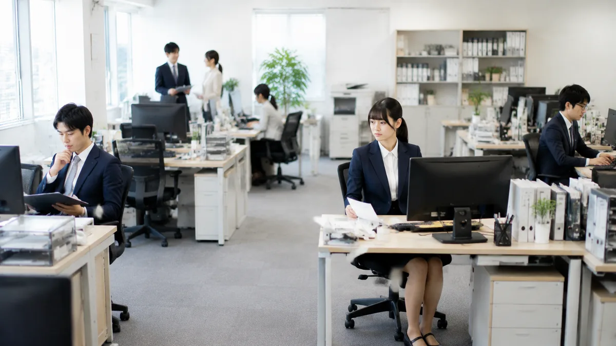 職場で孤立を感じた20代女性が、自然なオフィス環境の中で周囲との距離や人間関係を考えながら、自分の状況を整理している様子。