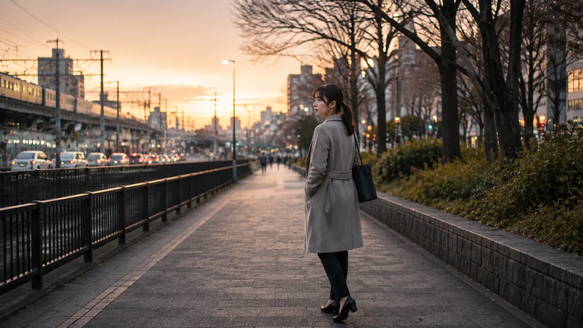 職場で孤立して辞めたいと感じた女性が、通勤路で立ち止まり、今後の働き方や選択肢について考えている様子。