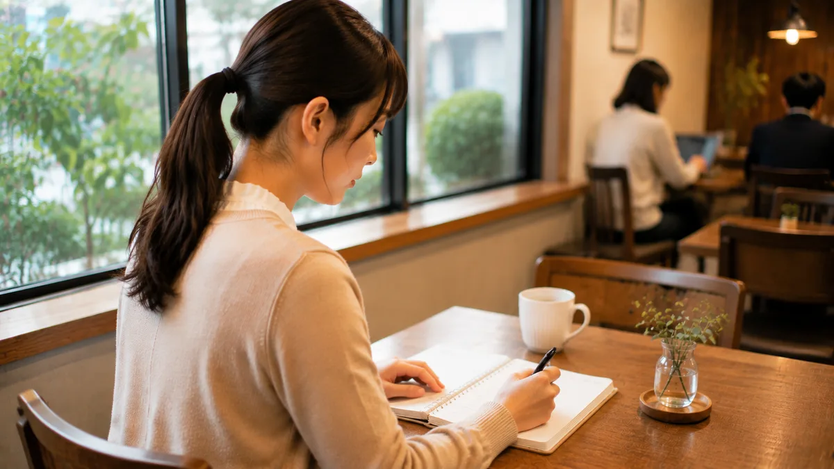 職場で孤立して手遅れと感じた女性が、カフェで手帳に状況を書き出しながら、今後について落ち着いて整理している様子。