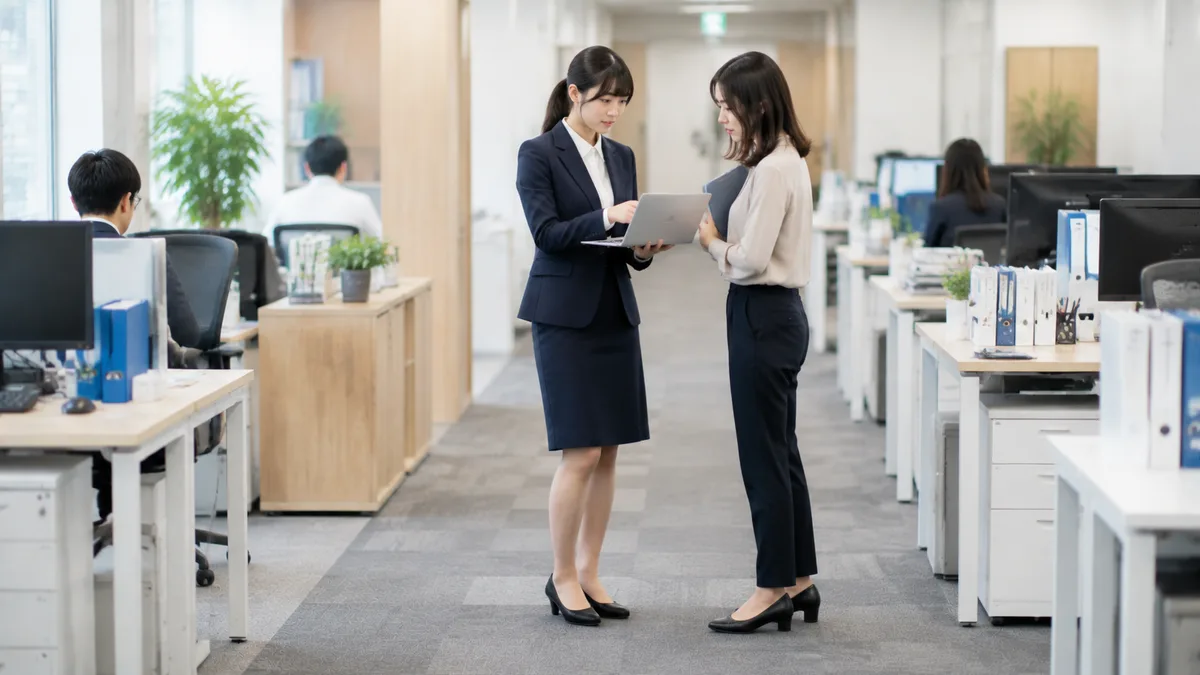 職場で孤立した20代女性が、同僚と資料やパソコン画面を確認しながら、必要な仕事上のコミュニケーションを取り関係を整えている様子。