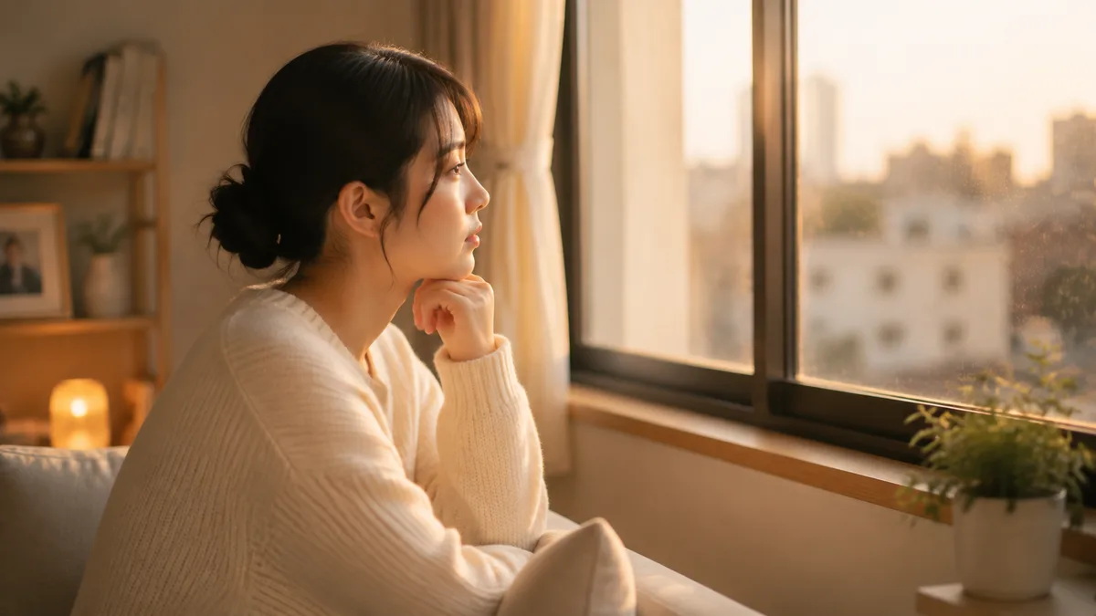 職場で孤立して悩む女性が、自宅で気持ちを整理し、自分を責めすぎないよう考えている様子。