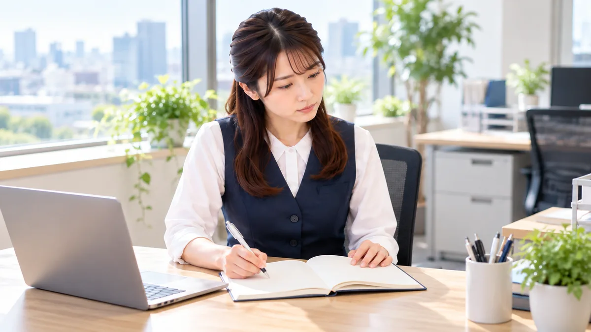 職場のデスクで20代女性がノートを開き、同僚の態度や仕事中に起きた出来事を書き留めながら、状況を冷静に整理している。