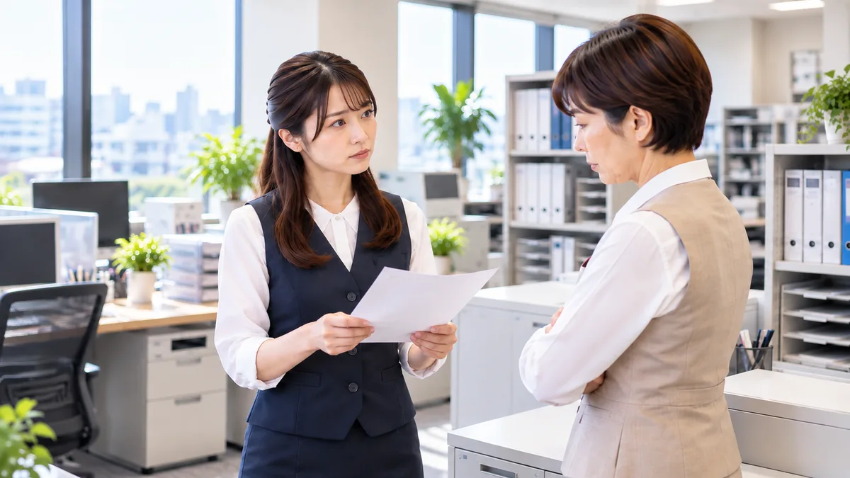 職場で20代女性が50代の同僚に書類を見せて仕事の確認をしている。同僚はそっけない表情で対応しており、女性は戸惑っている。