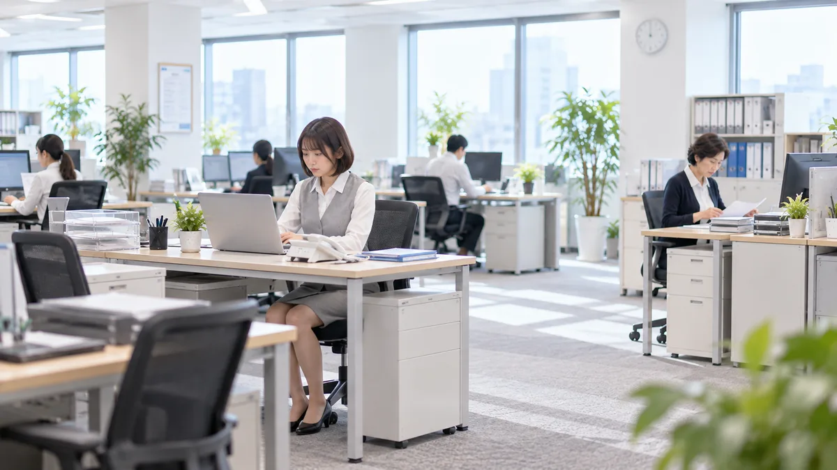 高圧的な女性とは離れた場所で仕事をしながら、必要な連絡を続けて無理のない距離を保っている女性。