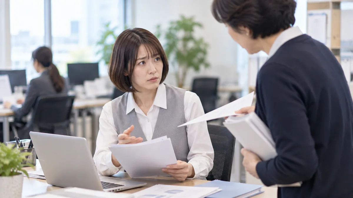 職場で50代女性から強い口調で仕事を指示され、説明を止めて困った表情で話を聞いている女性。
