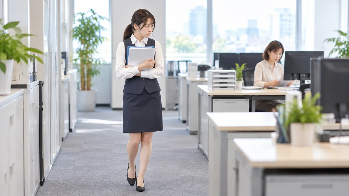 職場で細かな間違いを何度も指摘され、相手との会話に緊張や疲れを感じながら仕事をしている様子