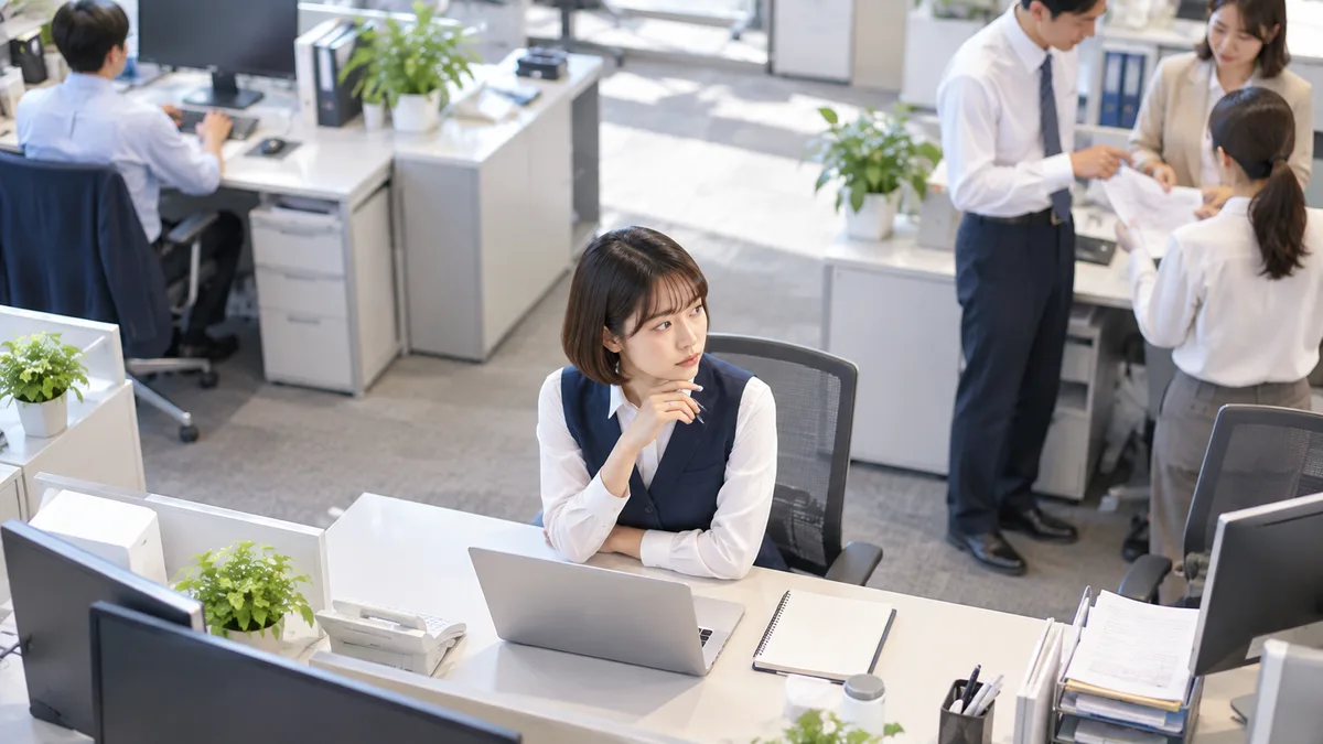 職場の人間関係に悩み、自分が甘えているだけなのかと考えながら、周囲との関係や負担を整理している女性