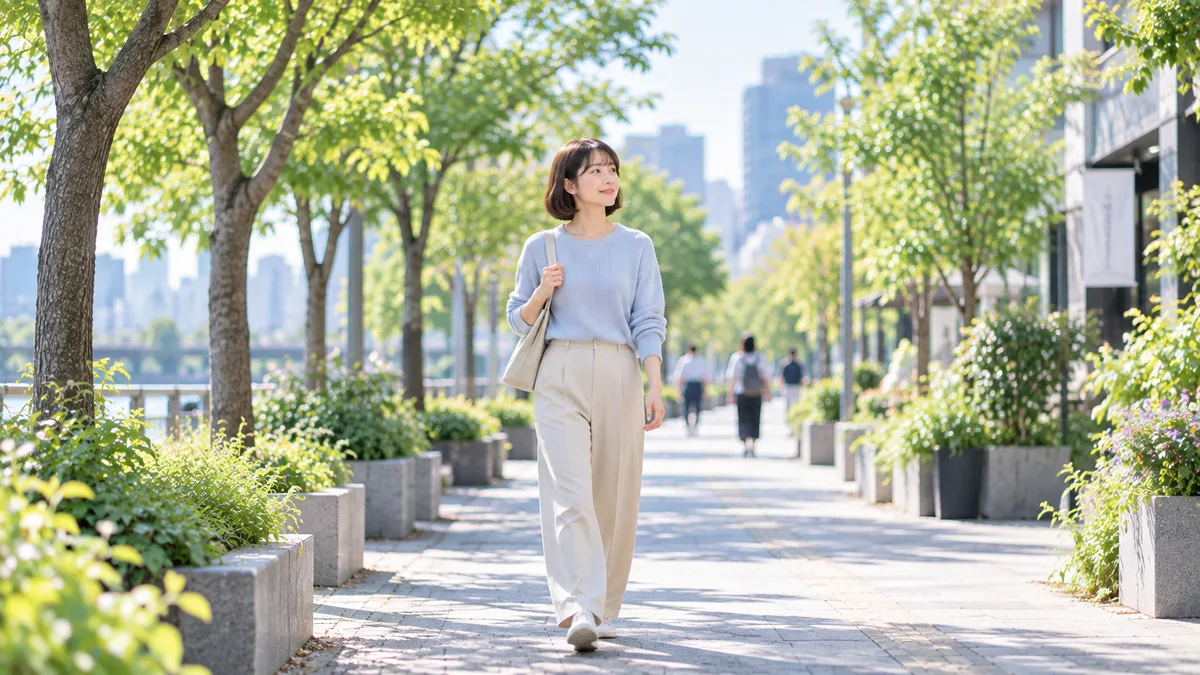 人間関係の悩みを整理した女性が、休日の緑のある遊歩道を歩きながら、今後の働き方について穏やかに考えている様子