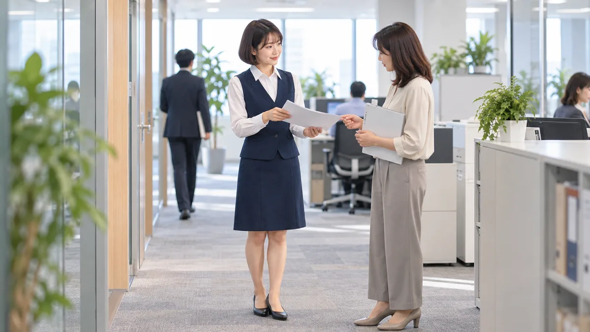 苦手な同僚とは適度な距離を保ちながら、仕事に必要な資料を確認し、落ち着いて業務上のやり取りをしている女性