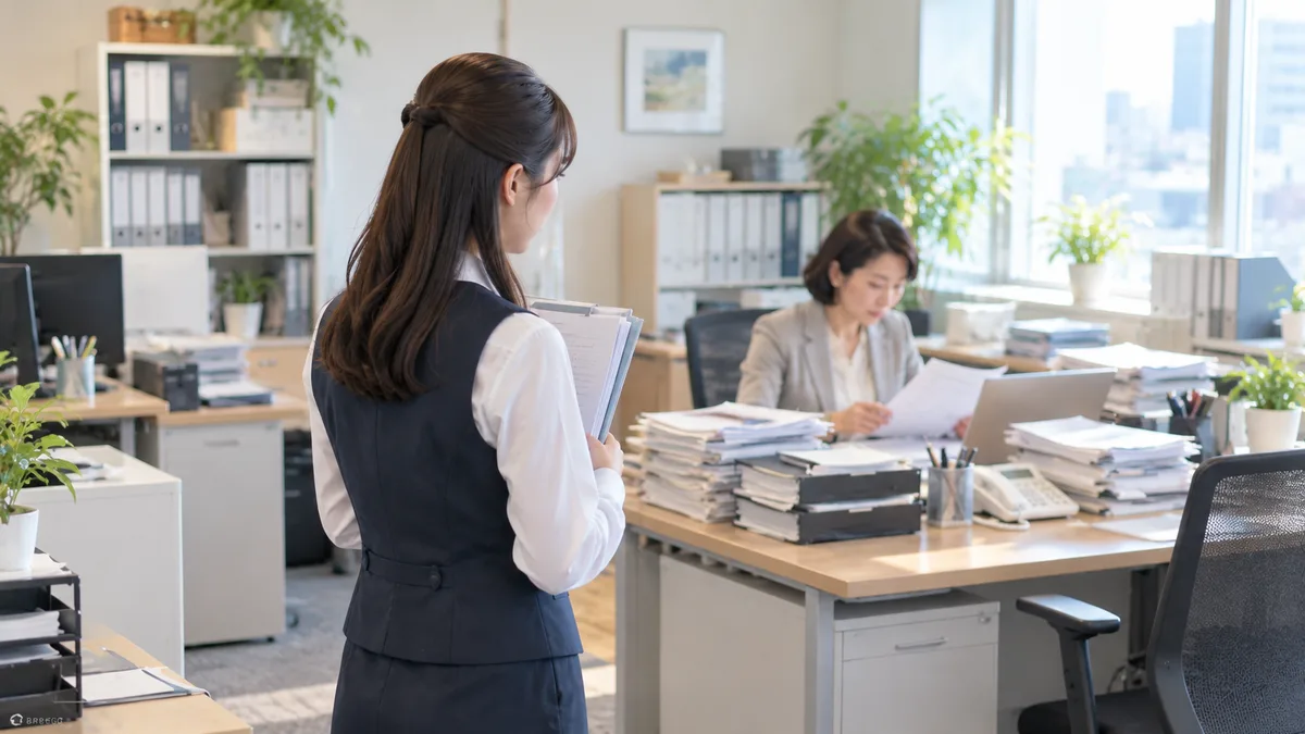 自分の仕事ぶりだけでなく、多くの仕事を抱える上司の様子を見て、仕事を任せてもらえない原因を考えている女性。