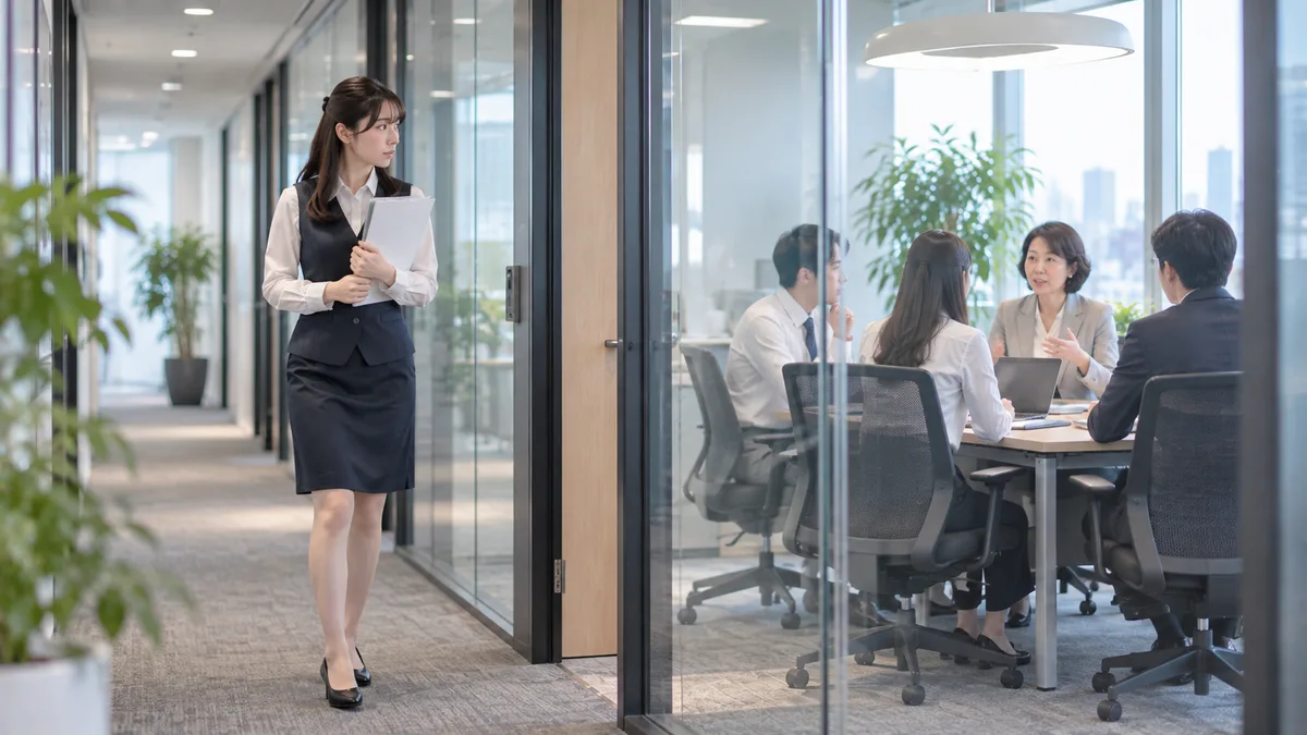 女性上司と同僚が会議室で仕事の打ち合わせをする中、自分だけ参加していない状況に気づき、廊下で疑問を感じている女性。