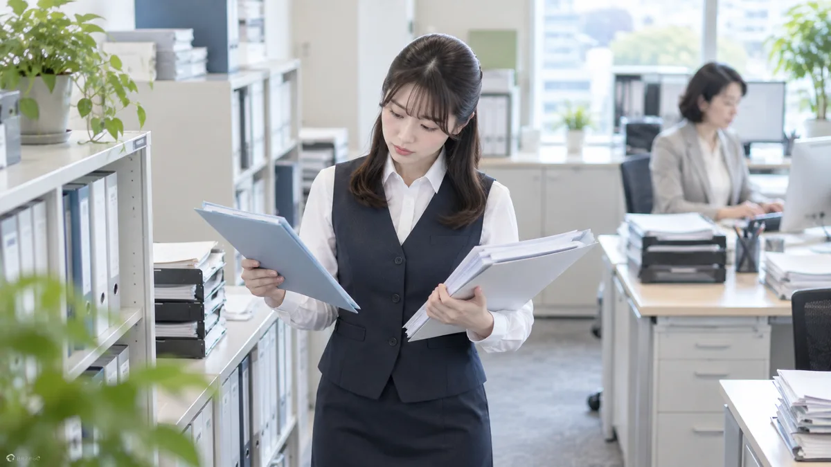 以前から担当している仕事と新しく任された資料を見比べ、仕事の任され方に変化があったか確認している女性。