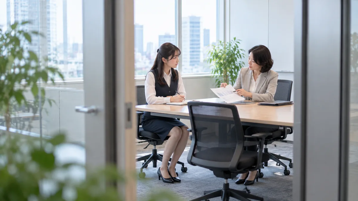 仕事を辞めると決める前に、女性上司の説明を聞きながらノートを取り、今後の仕事や役割を確認している女性。