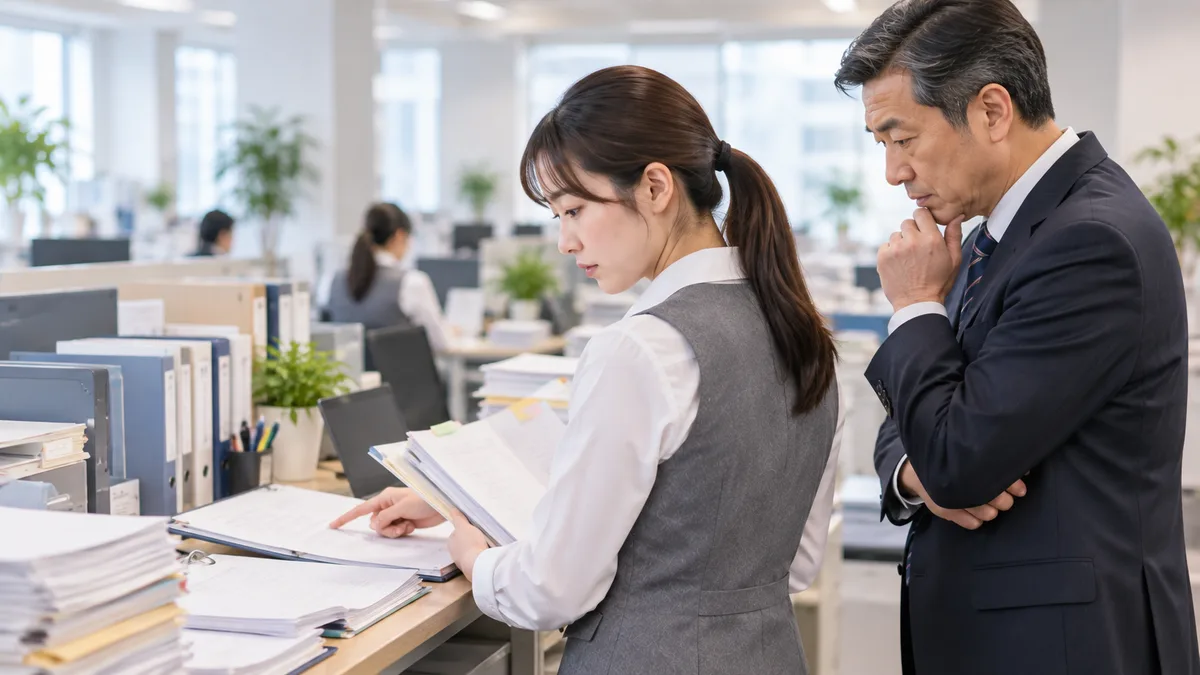 グレーの事務制服を着た女性が、オフィスの作業台で担当業務の資料を指しながら、隣に立つ男性上司と仕事量について相談している。