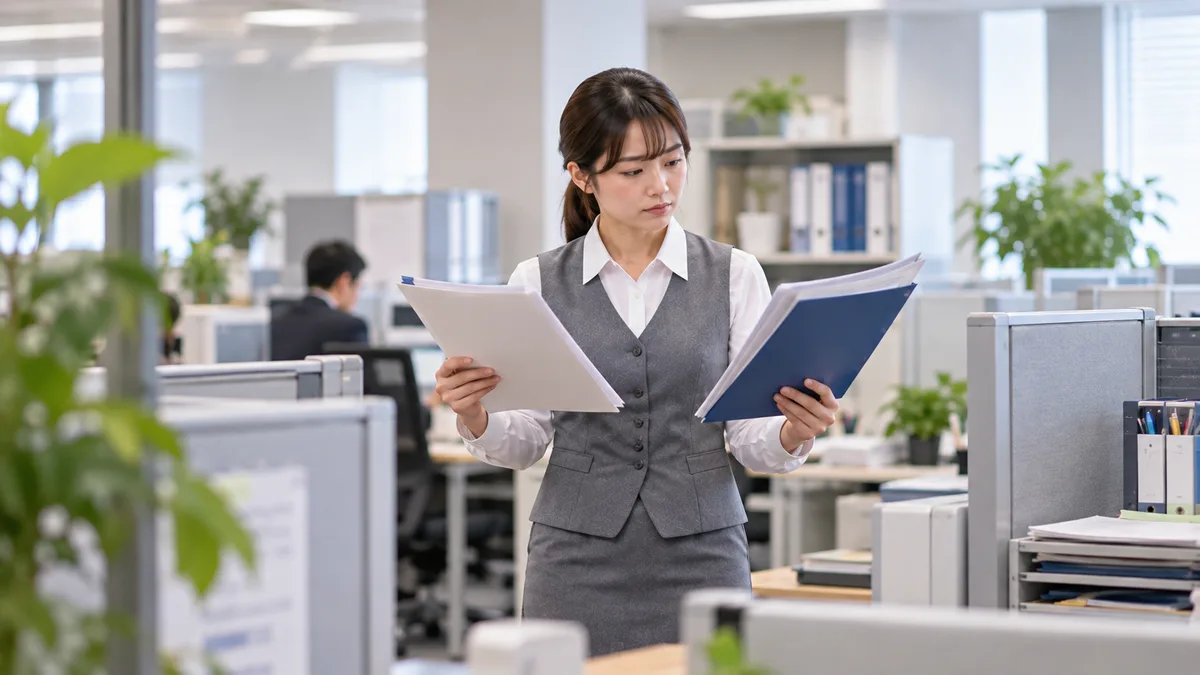 グレーの事務制服を着た女性が、オフィスの仕切り付近で両手に持った資料を見比べ、仕事量の改善状況を確認している。
