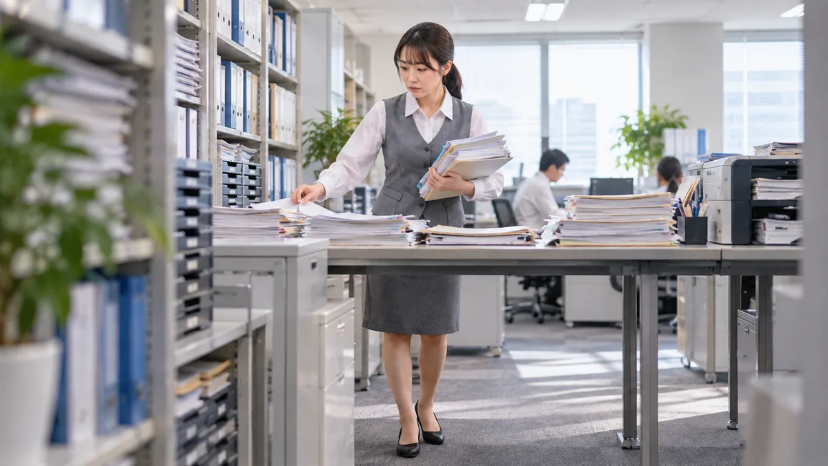 オフィスの書類保管スペースで、グレーの事務制服を着た女性が、作業台に積まれた大量の書類を確認しながら仕事の量を整理している。