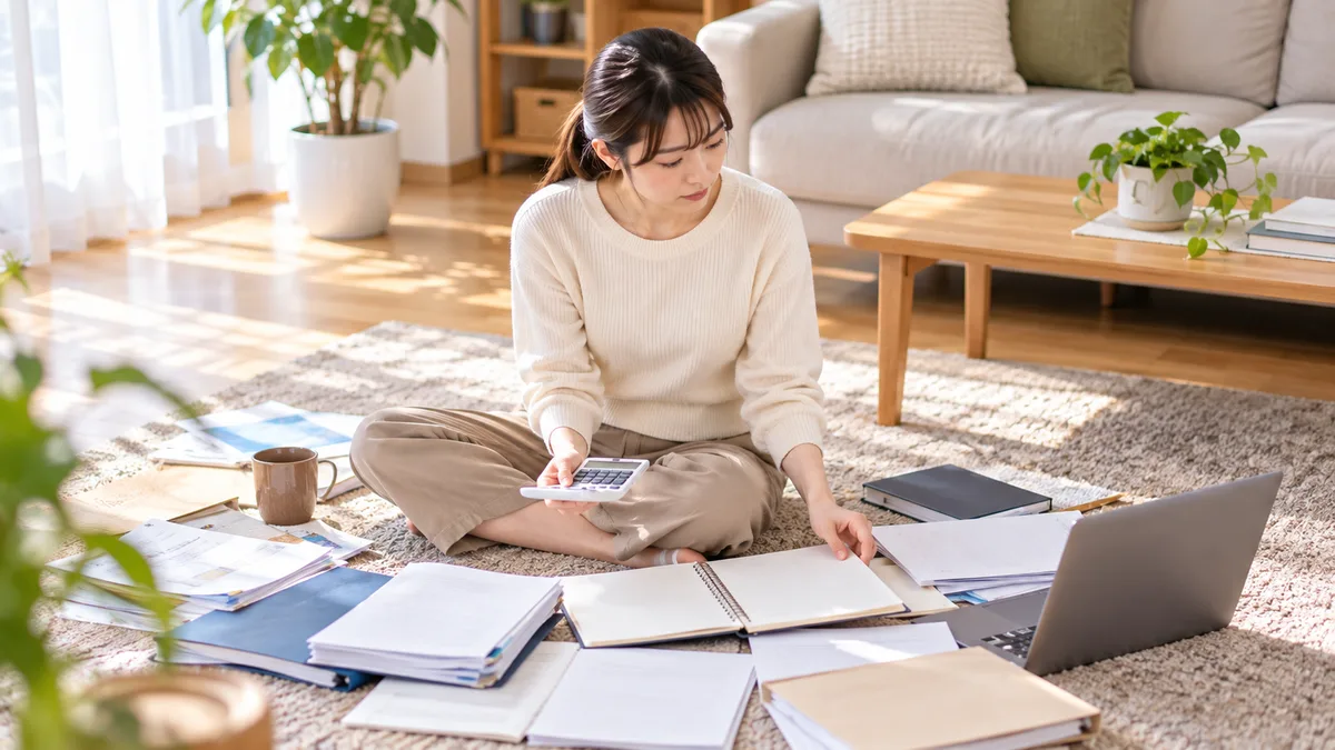 自宅のリビングで、私服の女性が床に家計簿や仕事の資料を広げ、電卓を使いながら退職後の生活費と今後の働き方を整理している。