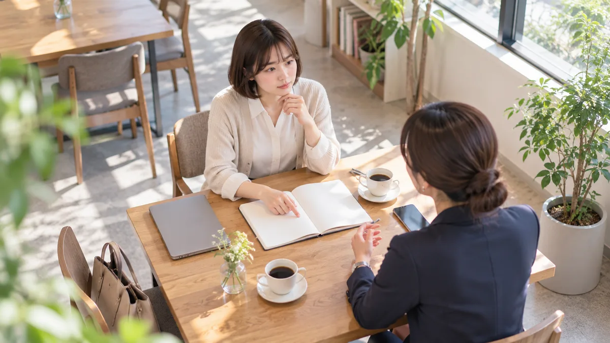 今の職場を続けるか環境を変えるか、女性と話しながらノートを見てこれからの働き方を整理している女性
