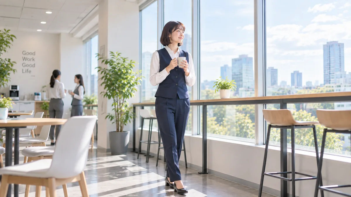職場で周りに無理に合わせず、休憩時間に窓際で自分の時間を穏やかに過ごしている女性