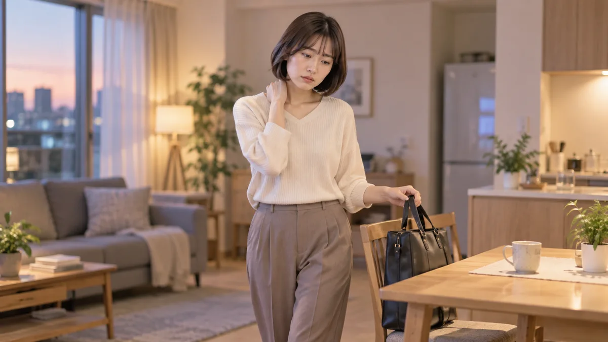 仕事から帰ったあとも職場での人間関係を思い出し、自宅で仕事用バッグを置く手が止まって考え込んでいる女性
