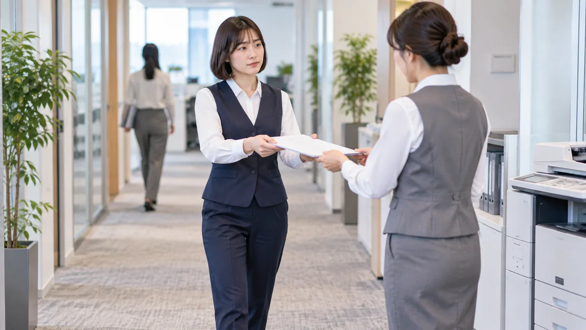苦手な女性同僚と適度な距離を保ちながら、職場で仕事に必要な書類を落ち着いて渡している女性