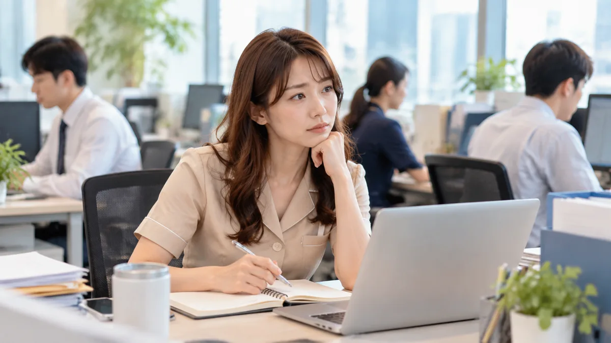 職場の机で女性が仕事量や人間関係の負担について考え、自分の状態を整理している様子。