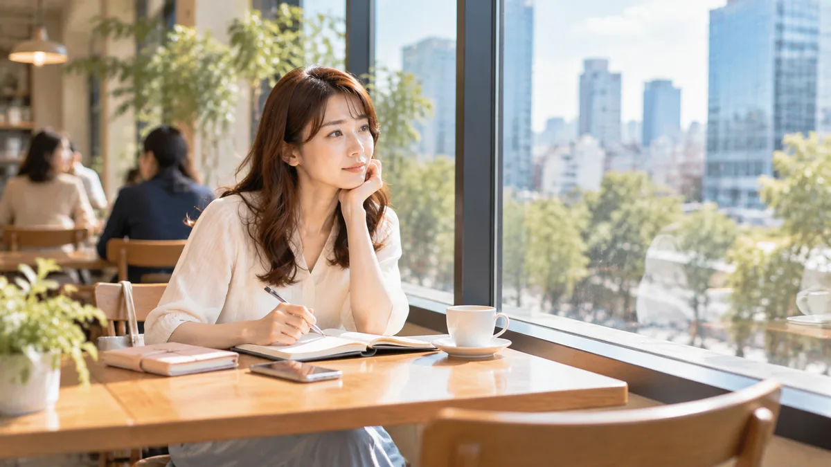 カフェで女性がノートを広げ、自分に合う仕事や次の働き方について考えている様子。