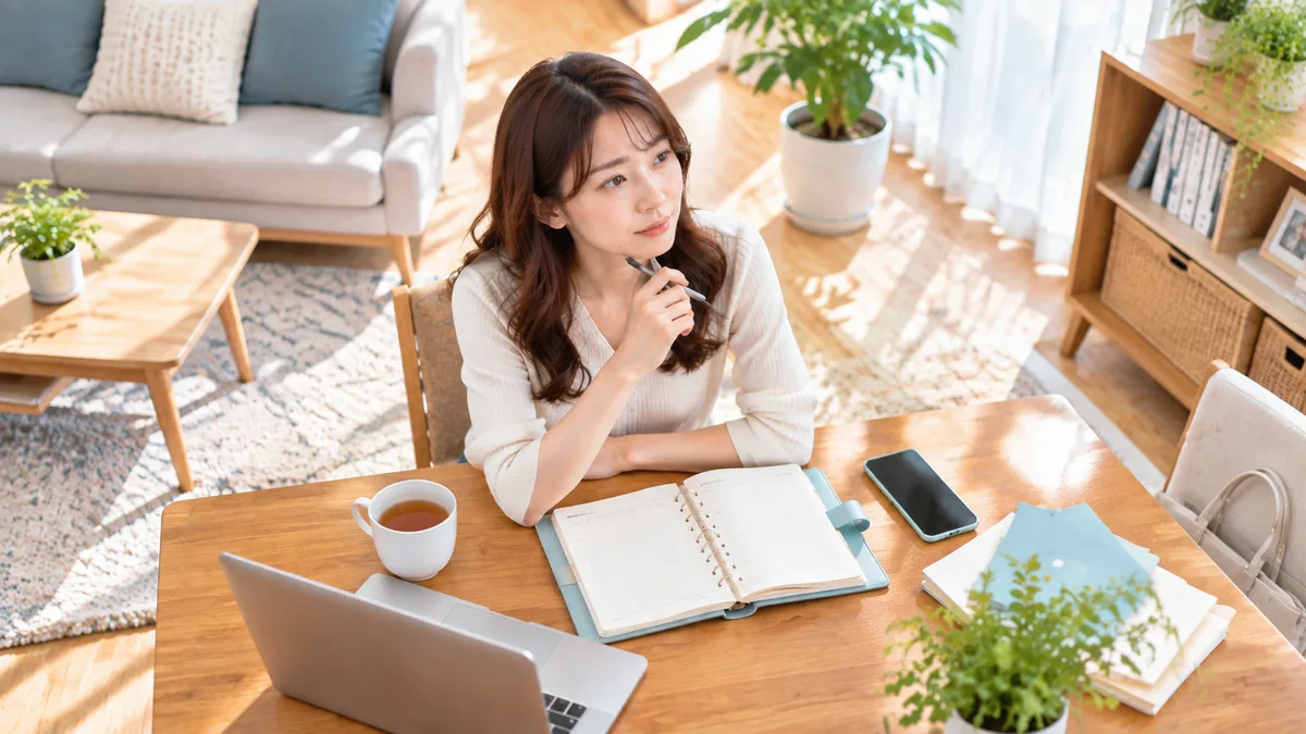 自宅で女性が手帳を見ながら、今の職場を続けるか環境を変えるか、これからの働き方について考えている様子。