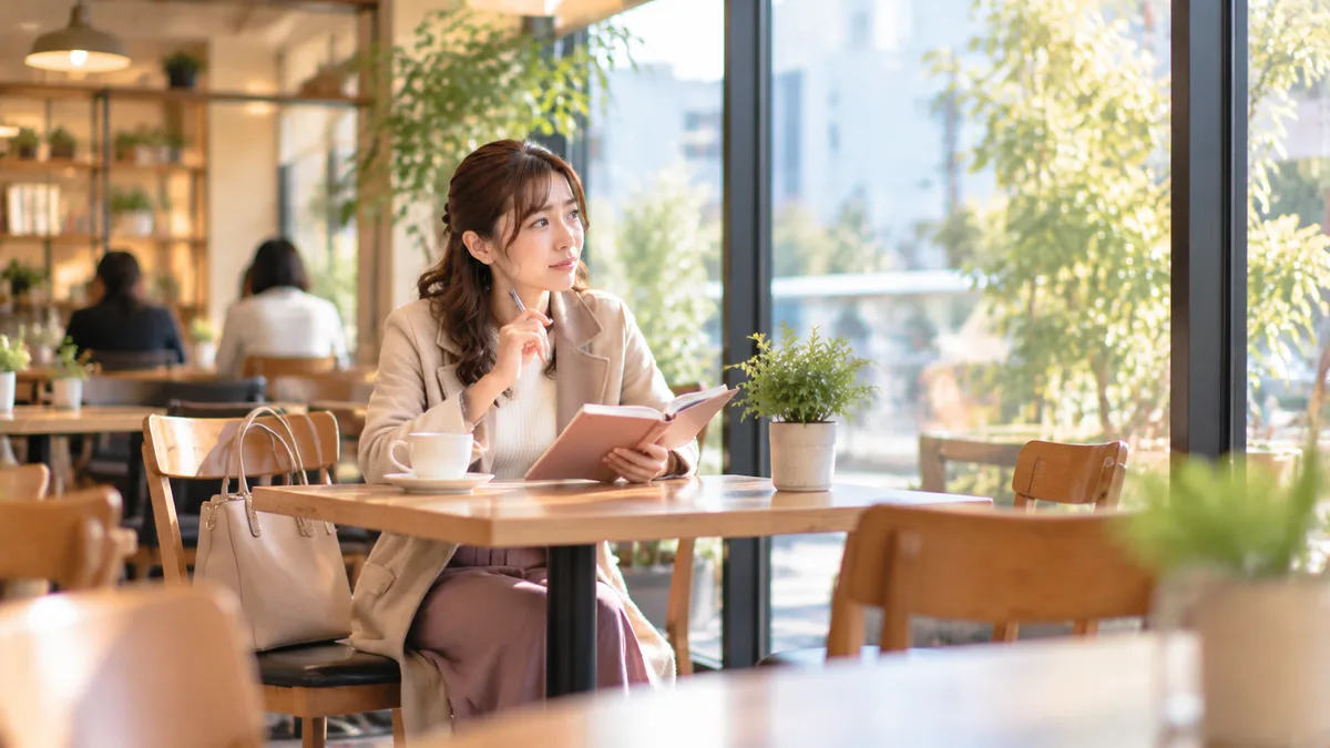 今後の働き方についてカフェで考え、自分の選択肢を整理する女性の様子