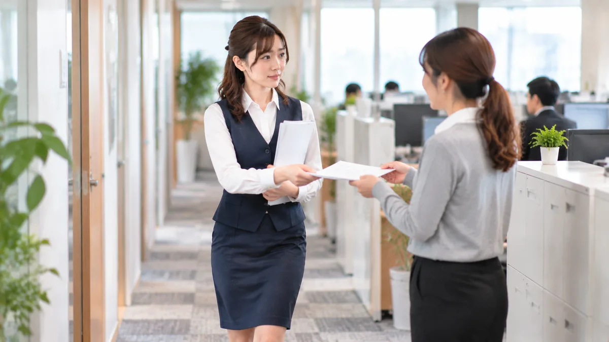 職場で必要な会話をしながら適度な距離で関わる女性の様子