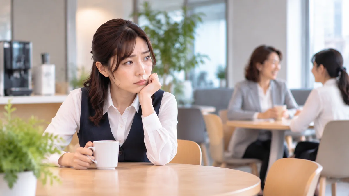 職場の人間関係で疲れを感じ、休憩中に飲み物を持ちながら考え込む女性の様子