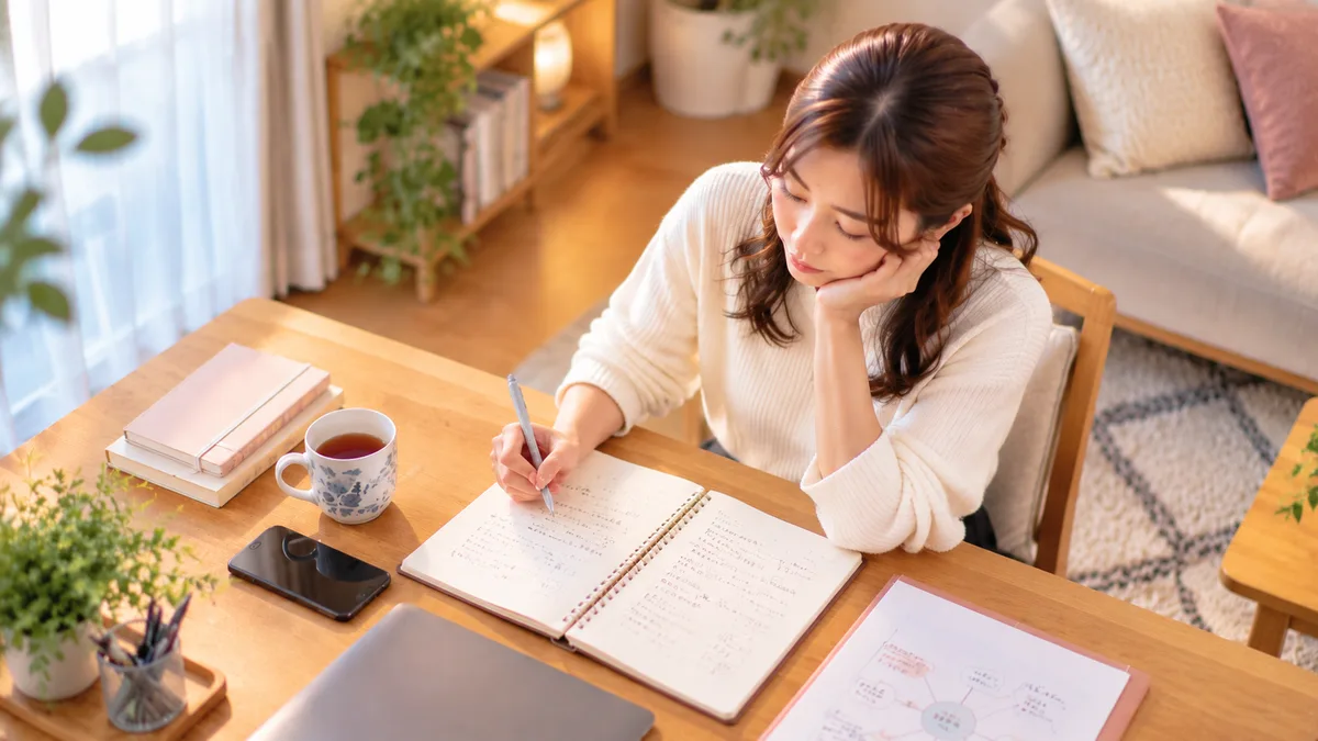 職場で感じた人間関係の違和感を自宅でノートに整理する女性の様子