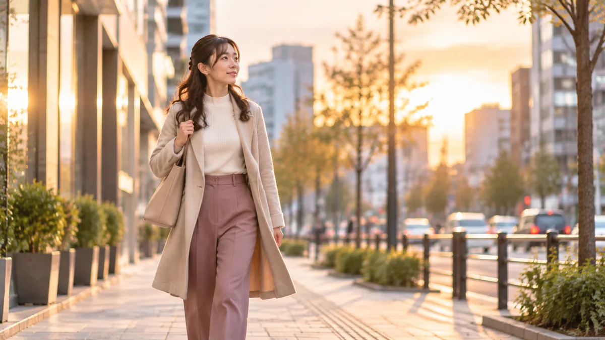 職場の悩みを整理し、自分らしい働き方を考えながら歩く女性の様子