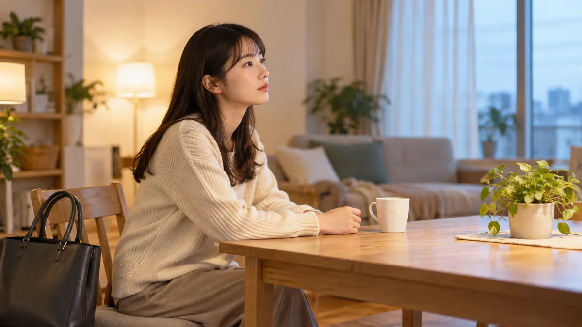 帰宅後に自宅のテーブルで静かに考える女性