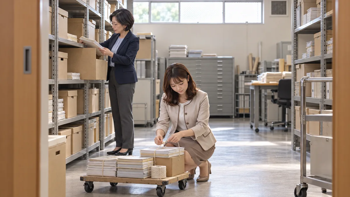 低い台で書類をひもでまとめる女性と、棚で資料を扱う同僚