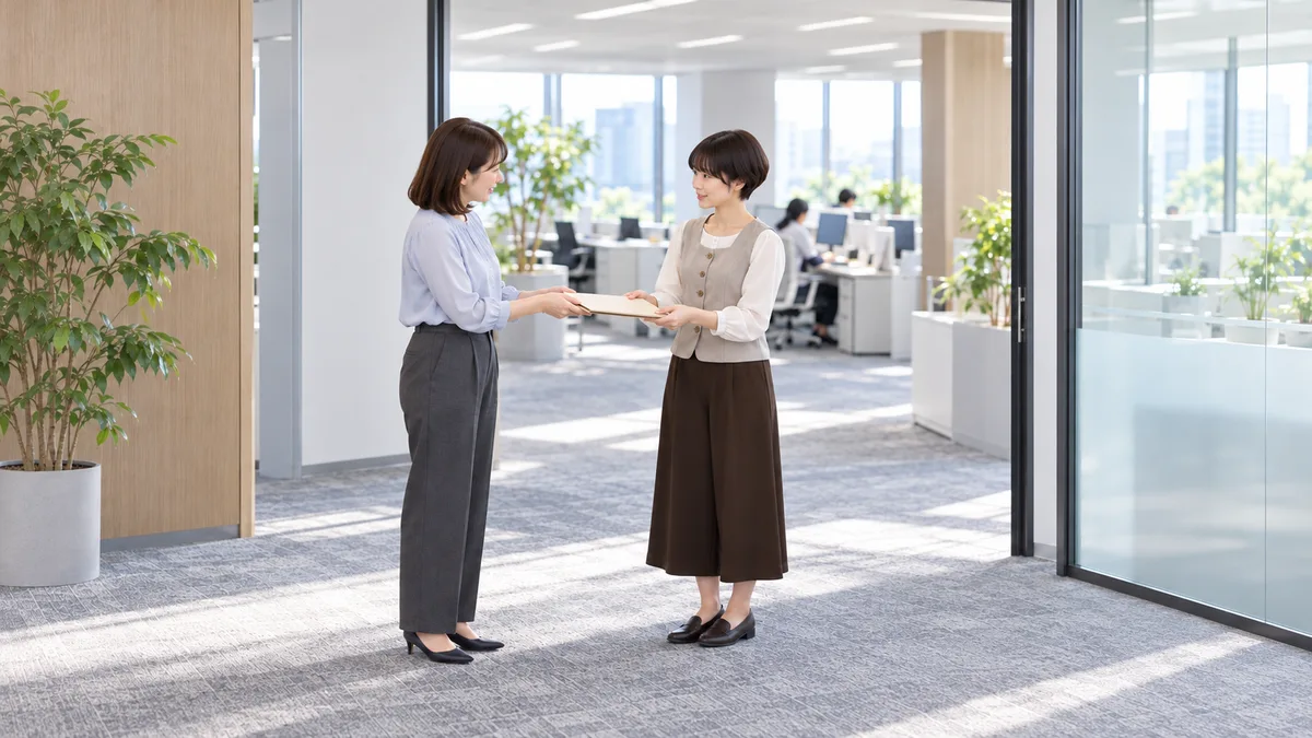 オフィスの出入口で同僚からフォルダーを受け取る女性