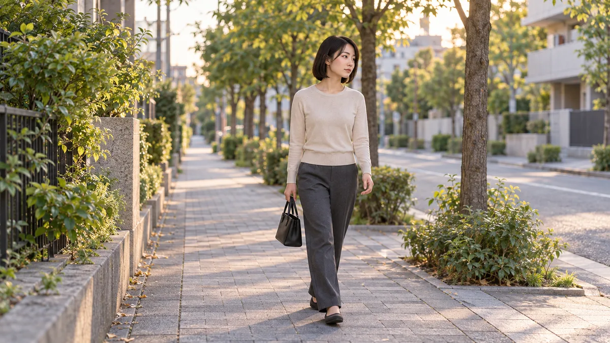 バッグを持ち、街路樹のある歩道を落ち着いた表情で歩く女性