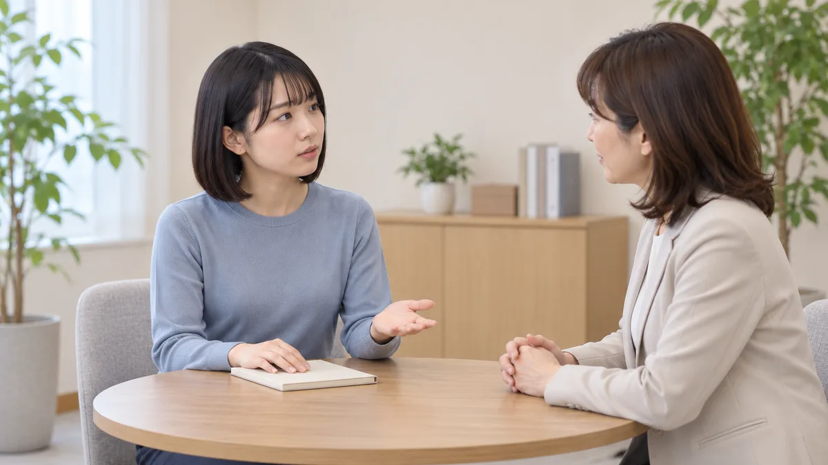 丸テーブルを挟み、女性の相談相手に話す女性。